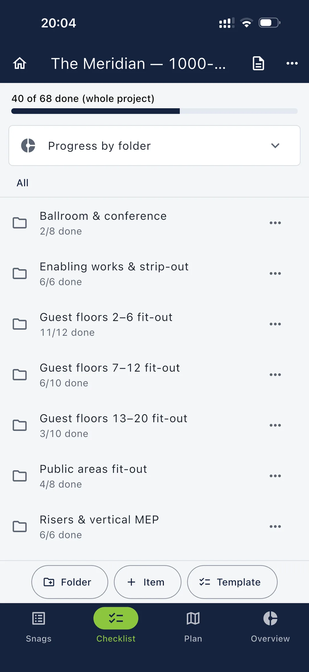 Snagga checklist — progress by folder across the project