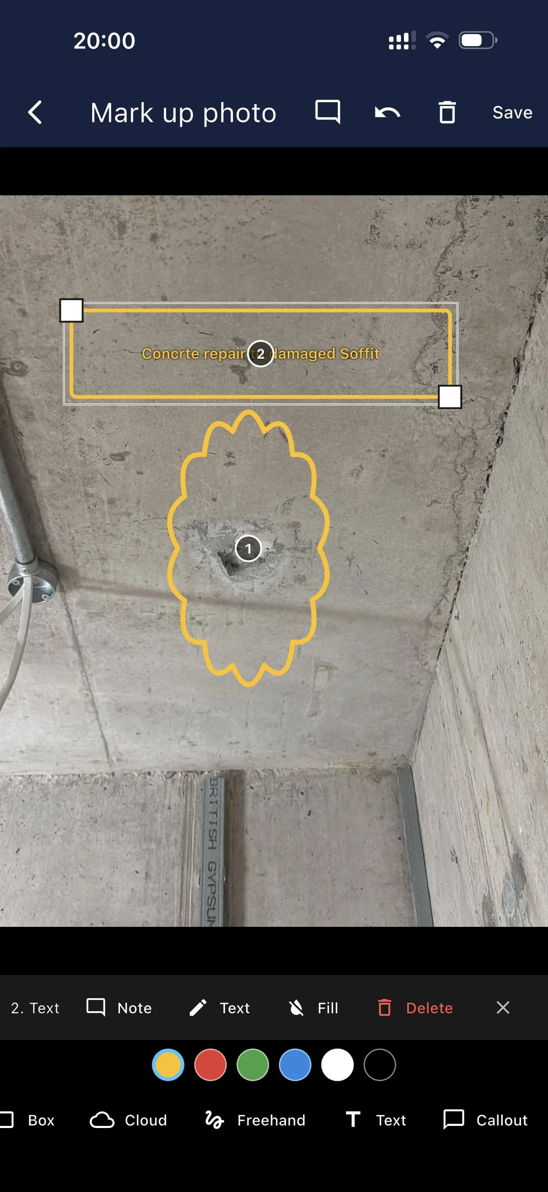 Snagga photo mark-up — a concrete soffit defect ringed with a revision cloud and a boxed callout with numbered notes
