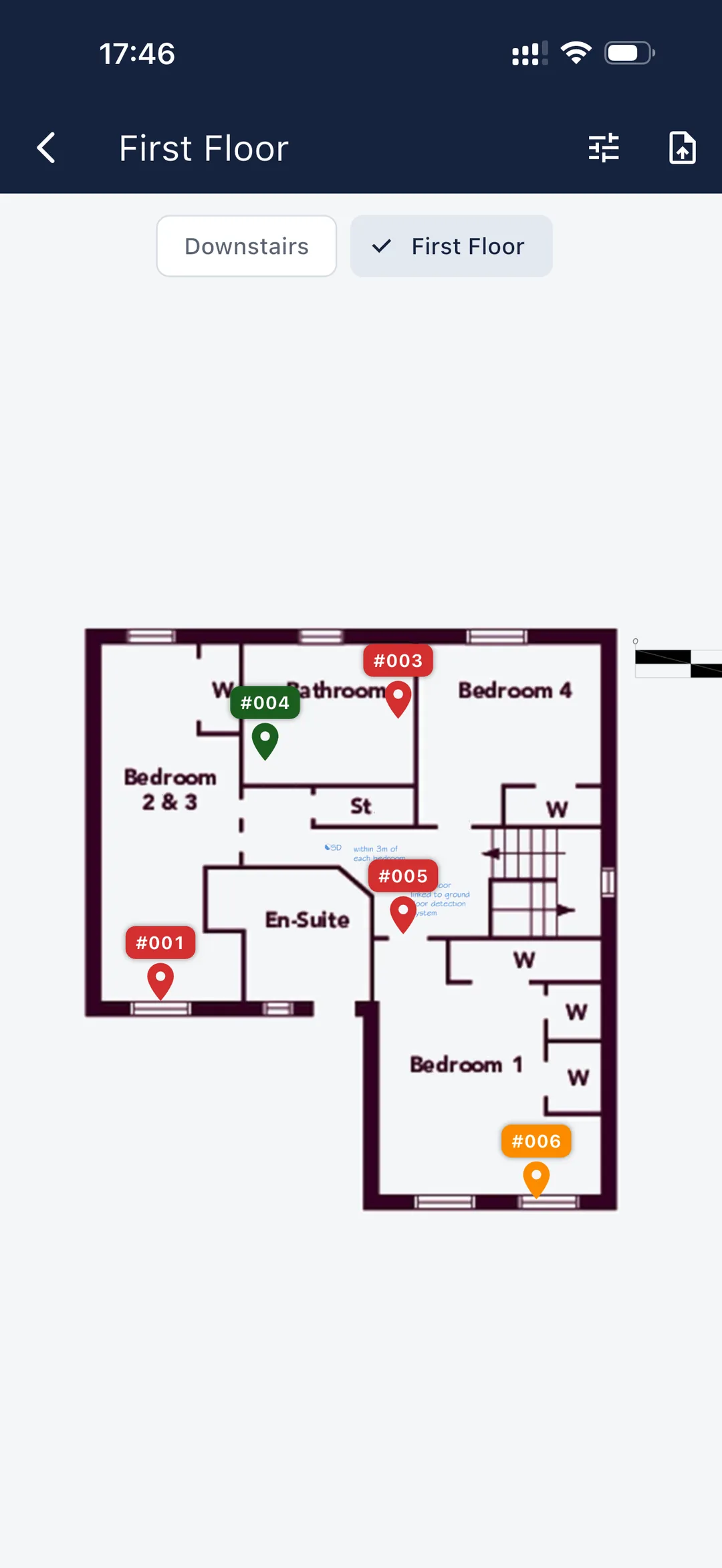 Snagga floor plan with colour-coded snag pins by status