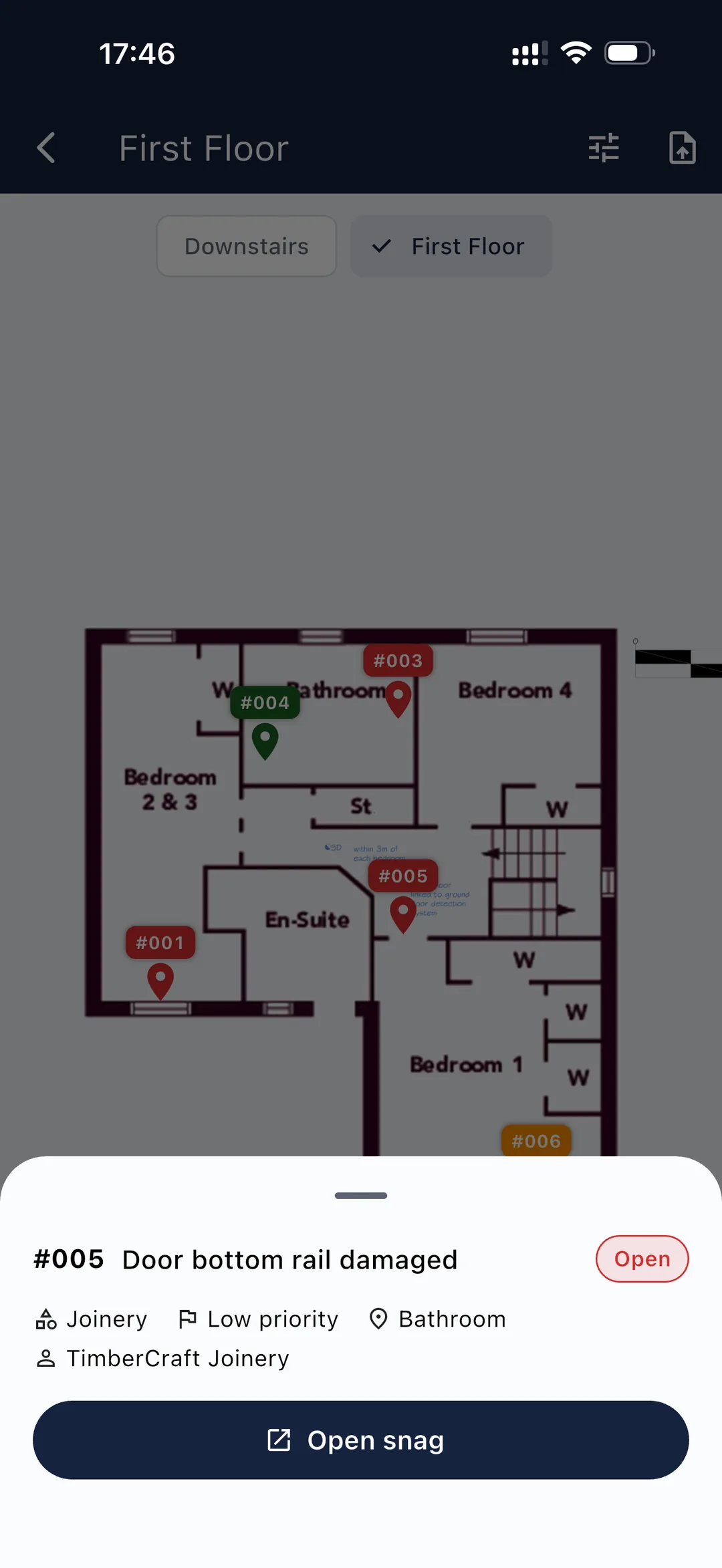 Snagga floor plan with a pin tapped, showing the snag detail popover