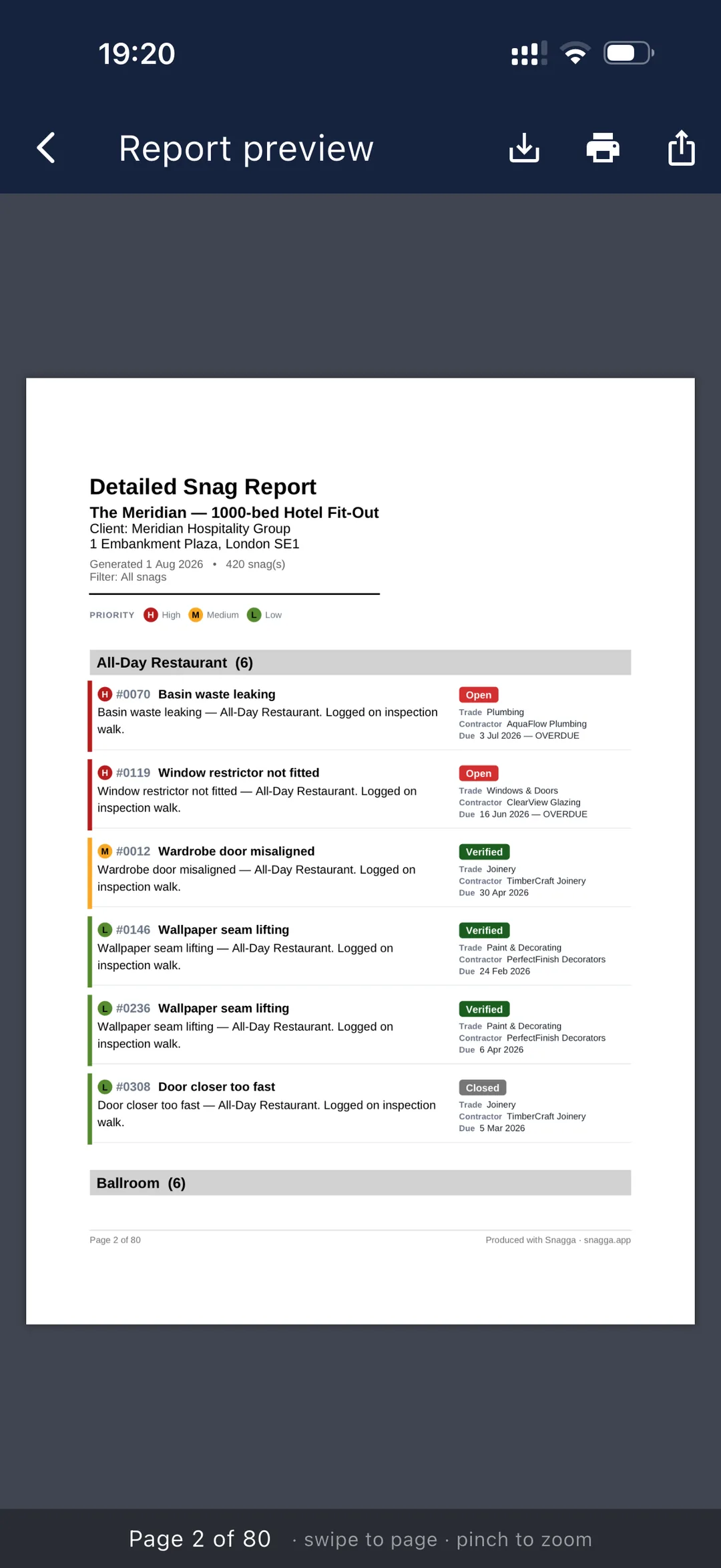 Snagga detailed snag report — snags grouped by area with priority, status, trade, contractor and due date