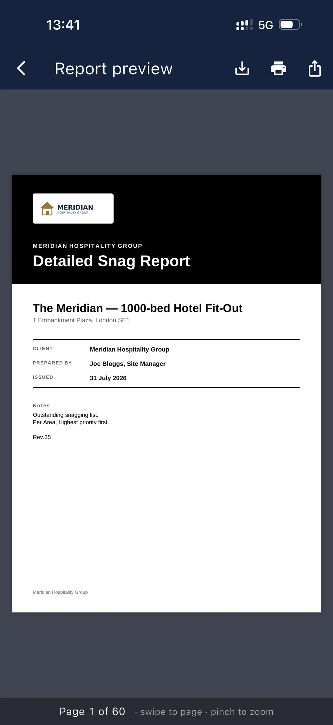 Snagga branded report cover sheet with company logo and project details