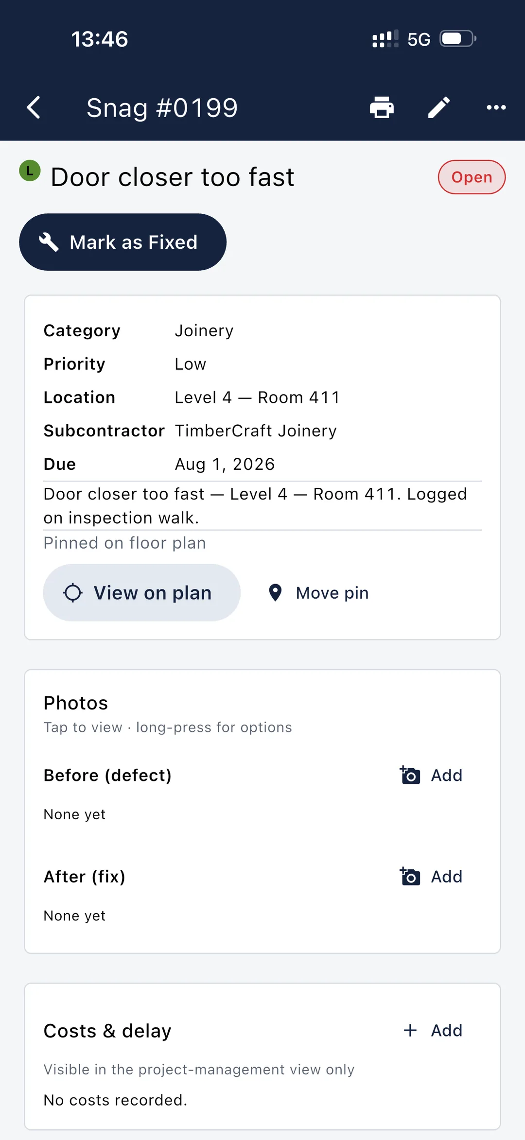 Snagga individual snag — category, priority, location, subcontractor, photos and costs