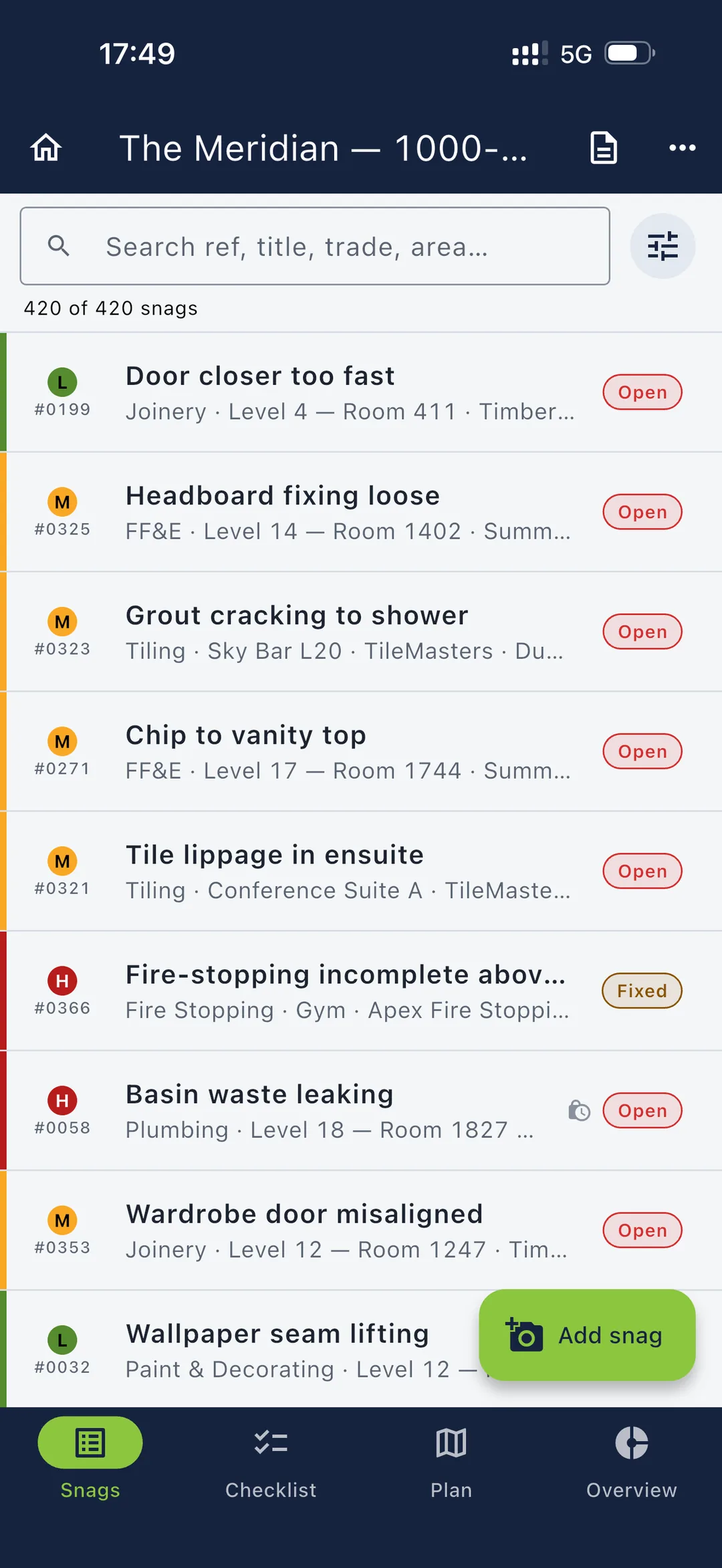 Snagga snag list: 420 snags with priority, status tags, trades and room locations