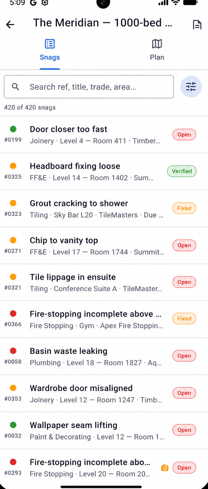 Snagga snag list screen showing 420 snags with status tags and trades